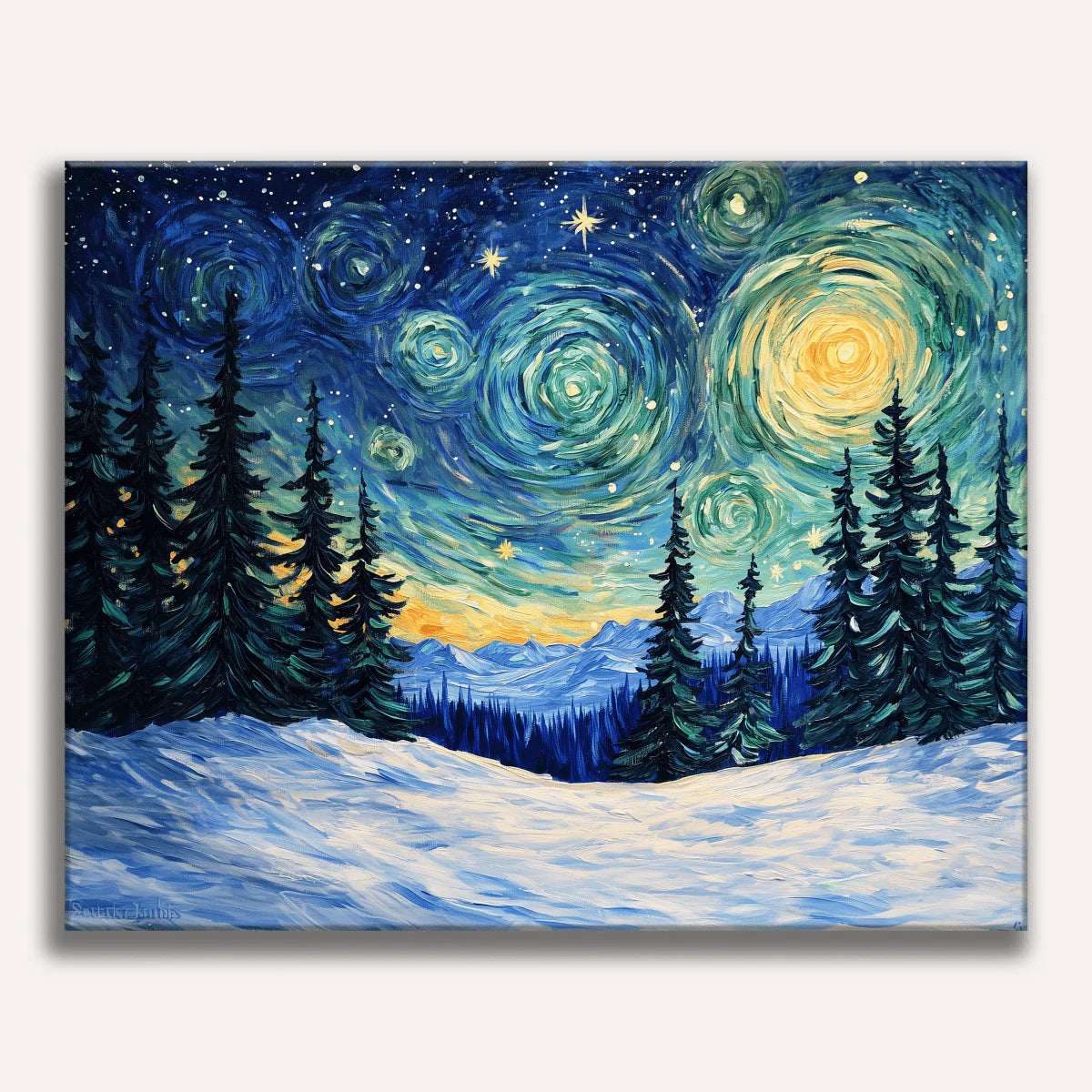 Starry winter night paint by numbers design with spiral sky and pine trees