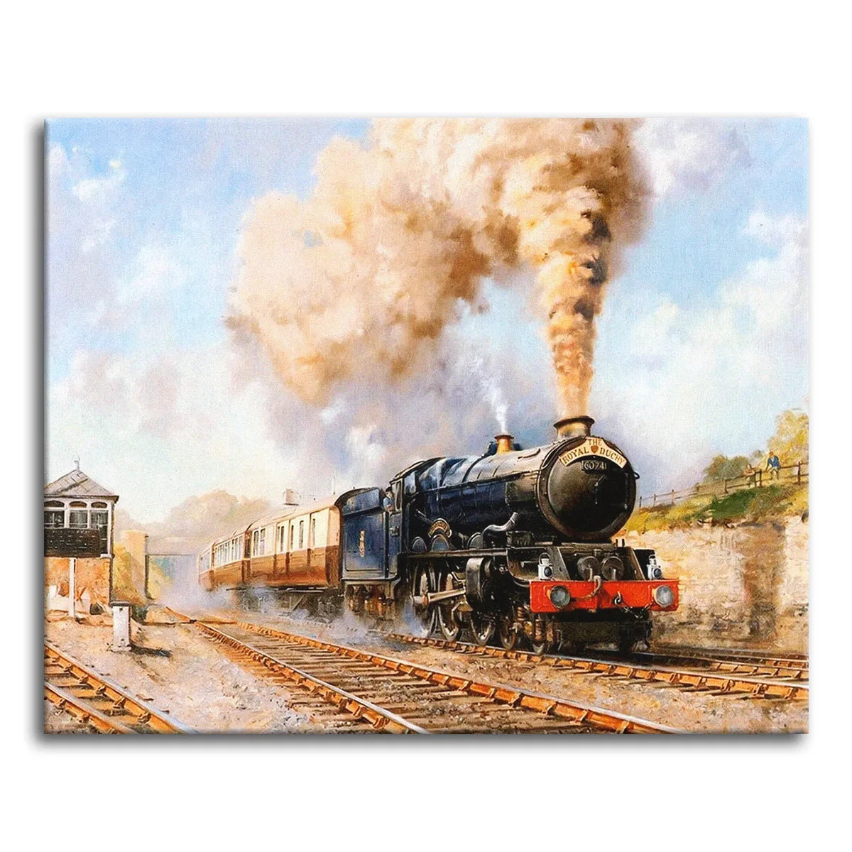 A paint by numbers steam locomotive with a tall plume of smoke hauling cream carriages past a signal box.