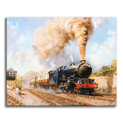 A paint by numbers steam locomotive with a tall plume of smoke hauling cream carriages past a signal box.