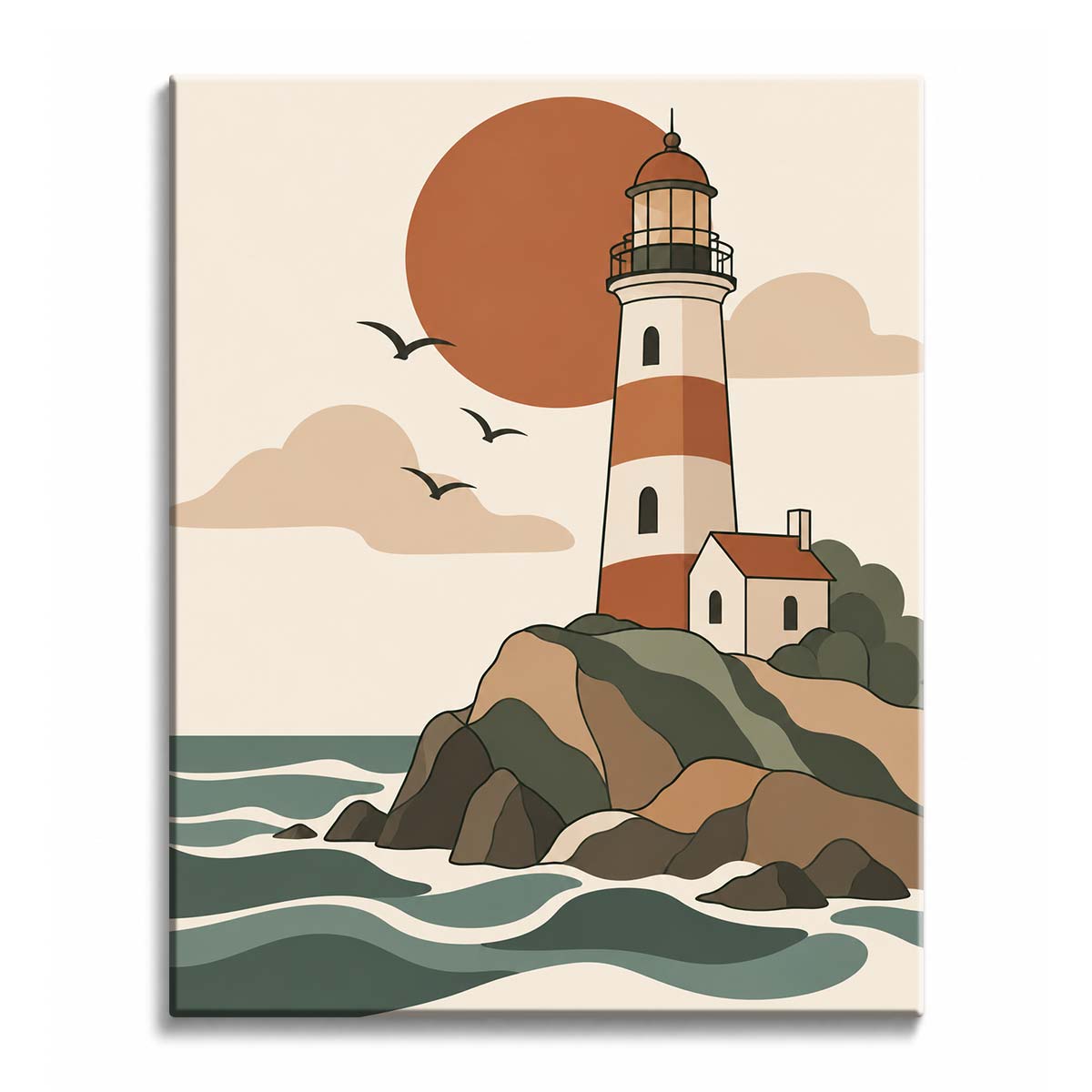 A lighthouse paint by numbers design showing a rust-striped tower and a small cottage on a rocky headland above teal waves, with gulls in the sky and a terracotta sun behind the tower.