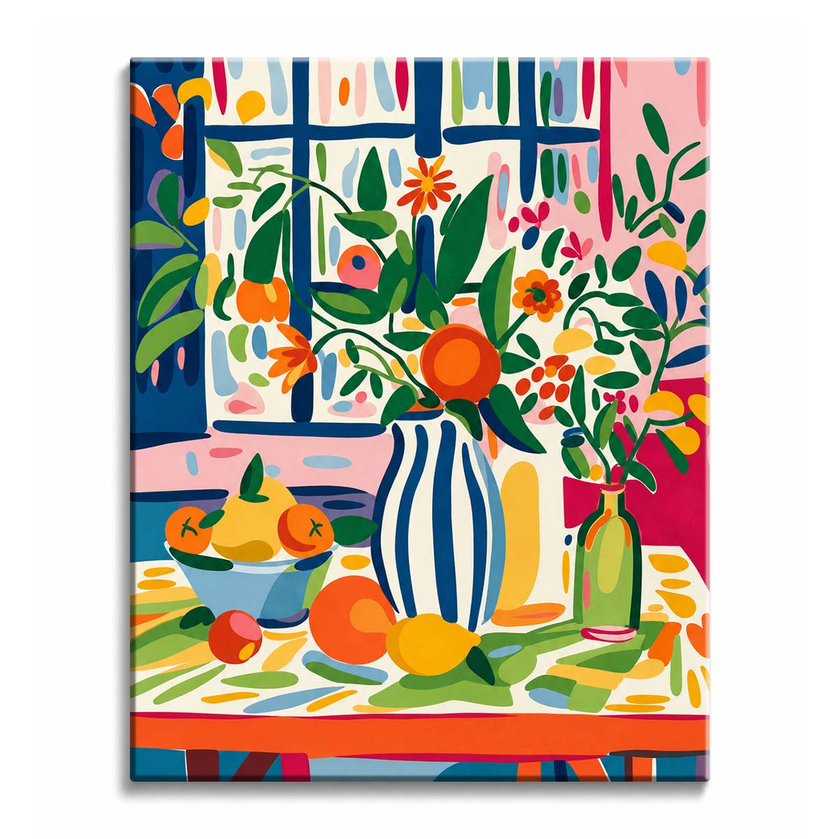 Flowers in a blue striped jug with lemons and oranges on a patterned table, in a paint by numbers design.