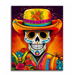 A decorated sugar skull wearing an orange flowered hat and striped serape against a red and gold background, shown as a paint by numbers canvas.