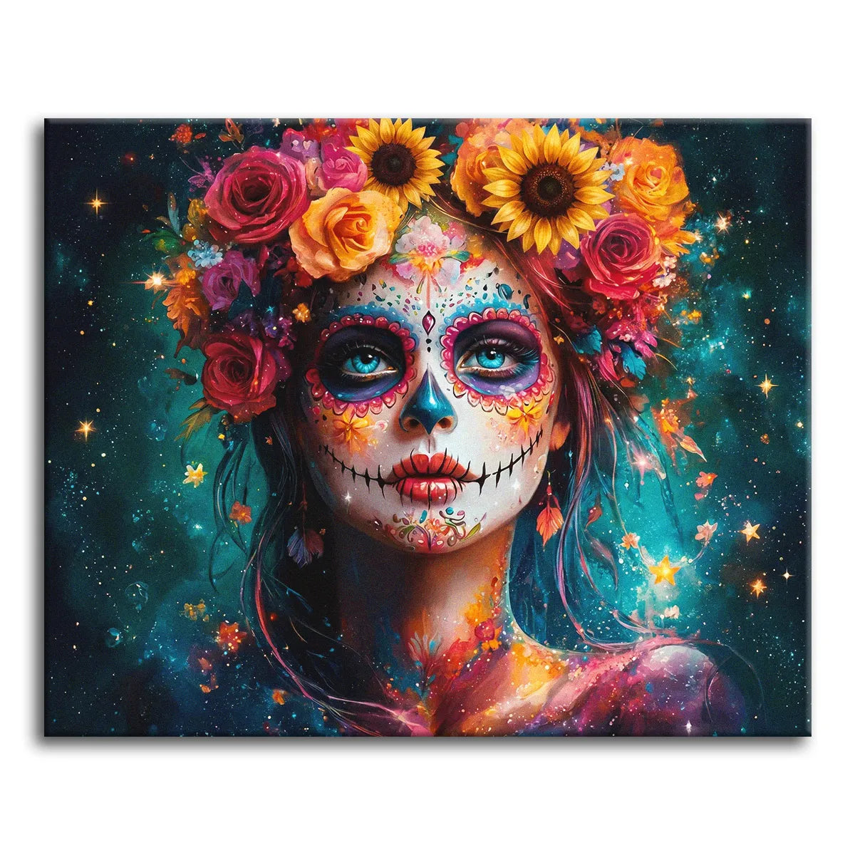 A Día de los Muertos woman with sugar skull face paint and a crown of roses and sunflowers against a starry cosmic background, shown as a paint by numbers canvas.