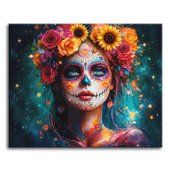 A Día de los Muertos woman with sugar skull face paint and a crown of roses and sunflowers against a starry cosmic background, shown as a paint by numbers canvas.