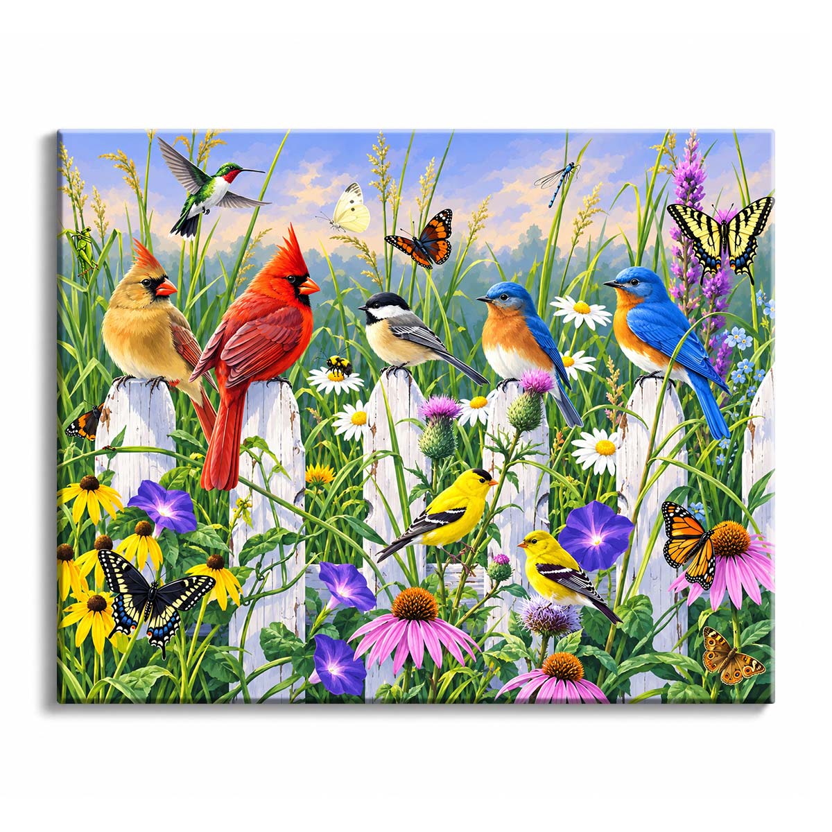 A garden birds paint by numbers design with colorful songbirds, butterflies, and summer flowers gathered around a white picket fence.