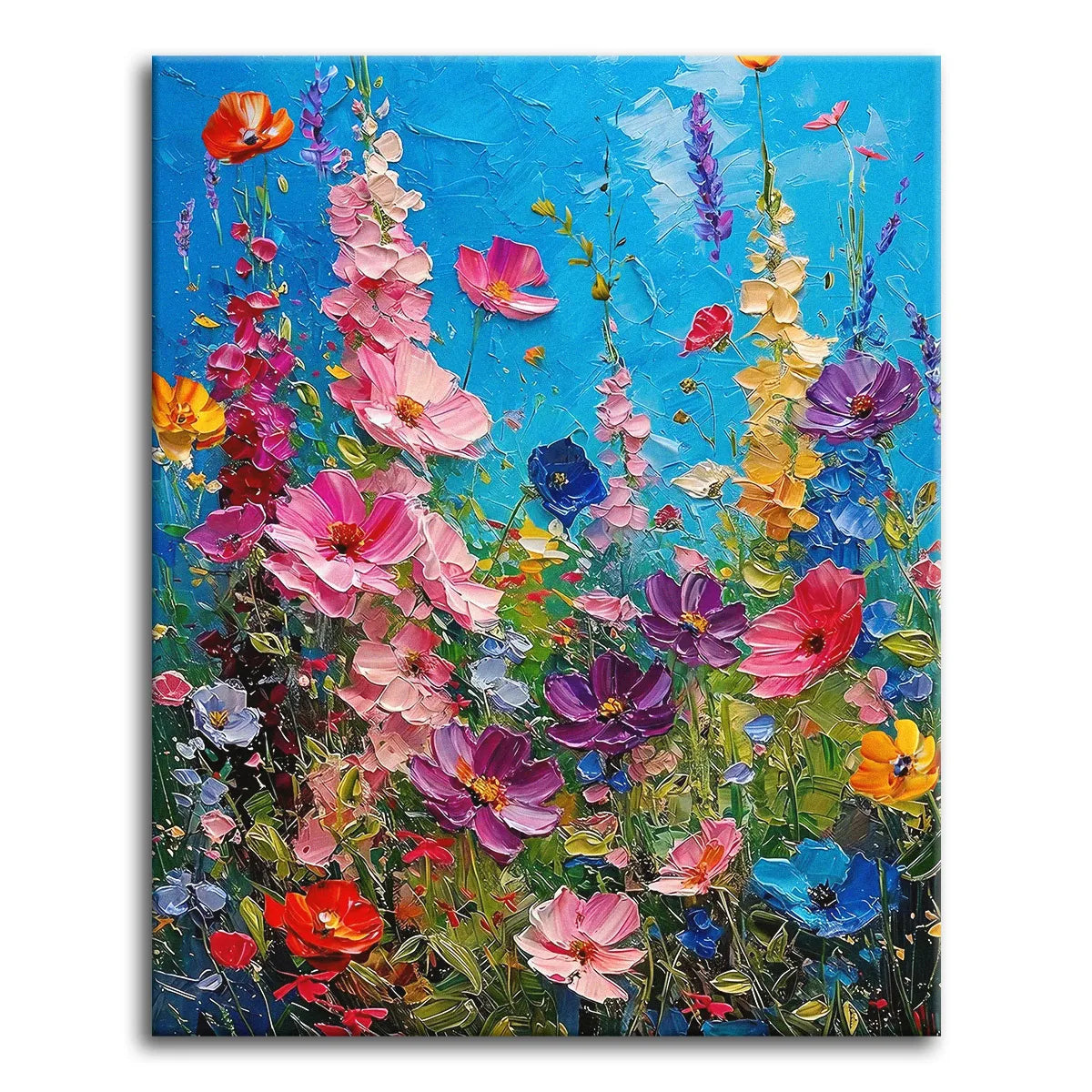 A vivid wildflower garden of pink, purple, and red blooms against a bright blue sky in a bold palette-knife style, shown as a paint by numbers canvas.