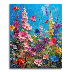 A vivid wildflower garden of pink, purple, and red blooms against a bright blue sky in a bold palette-knife style, shown as a paint by numbers canvas.