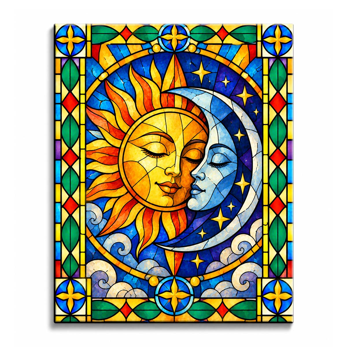 Warm gold meets cool blue in a stained glass sun and moon paint by numbers design, where closed-eyed celestial faces sit among stars, clouds, and ornamental leaves along the outer border.