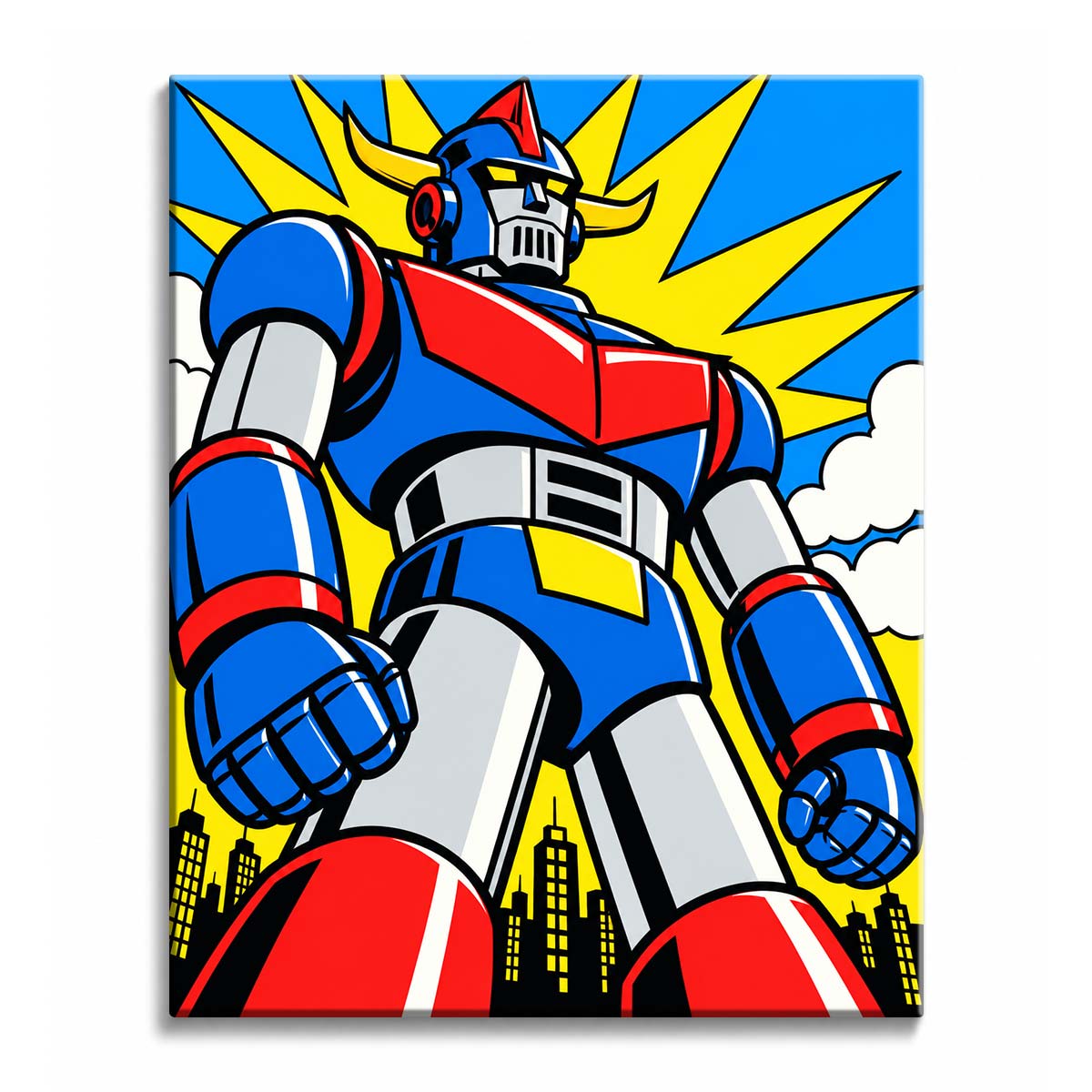 Towering above a city skyline, a giant mecha appears in a paint by numbers design with blue armor, white clouds, and yellow burst rays.