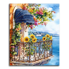 A watercolor paint by numbers canvas of a wrought-iron balcony above a blue bay, with sunflowers over the railing, bougainvillea on a striped awning, and distant hills.
