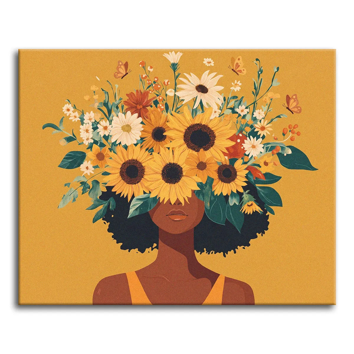 A woman with her face framed by a crown of sunflowers, daisies, and wildflowers with butterflies on a golden ochre background, shown as a paint by numbers canvas.