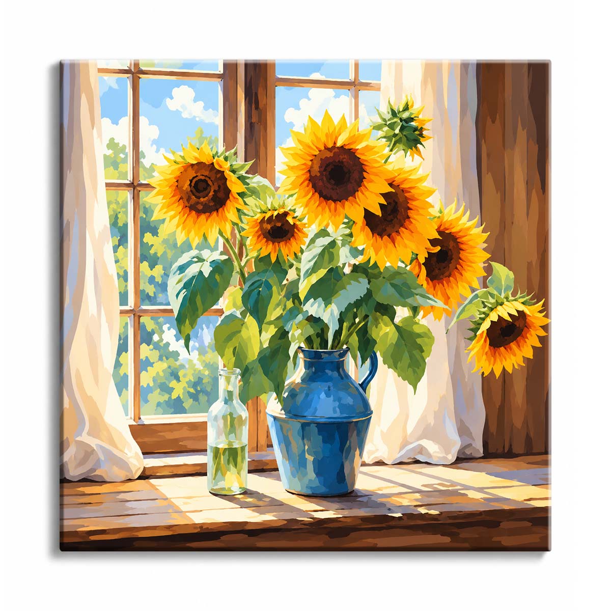 Sunflowers in a blue pitcher beside a bright window with cream curtains and green leaves in a mini paint by numbers design.