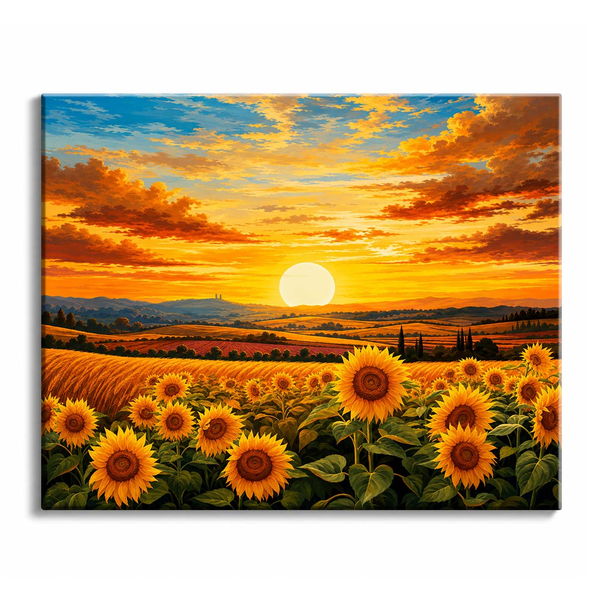 Across a sunflower field, golden blooms face a glowing sunset above rolling countryside in a detailed paint by numbers design.