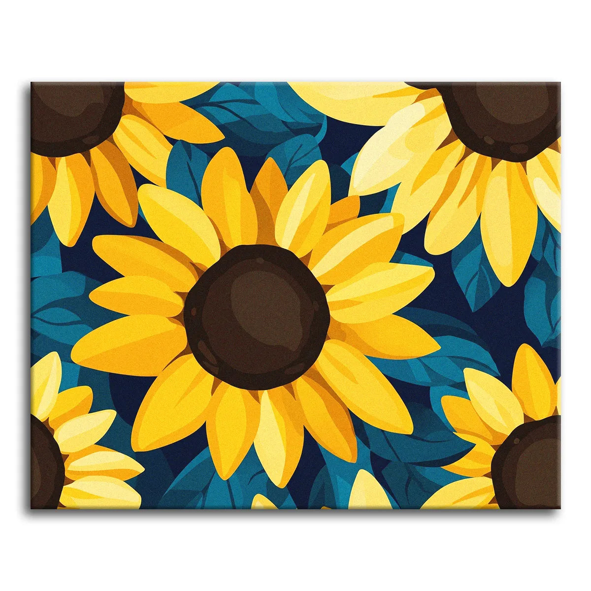 Bold golden sunflowers cropped close against deep teal-blue leaves in a bright graphic style, shown as a paint by numbers canvas.