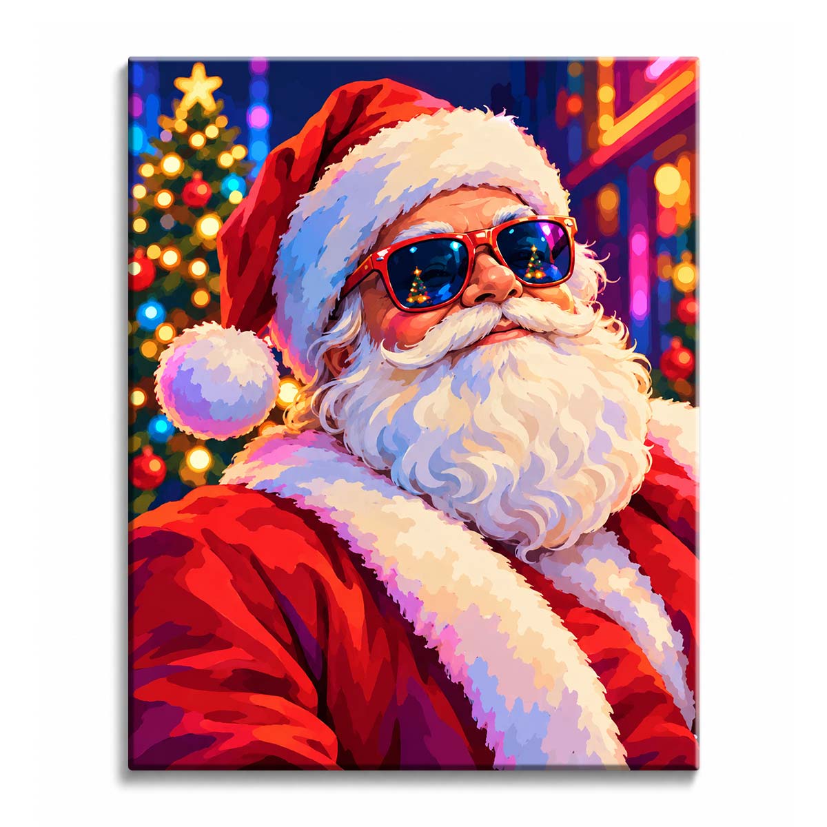 Santa in red sunglasses fills a paint by numbers design with a white beard, reflected Christmas tree, glowing ornaments, and neon holiday lights.