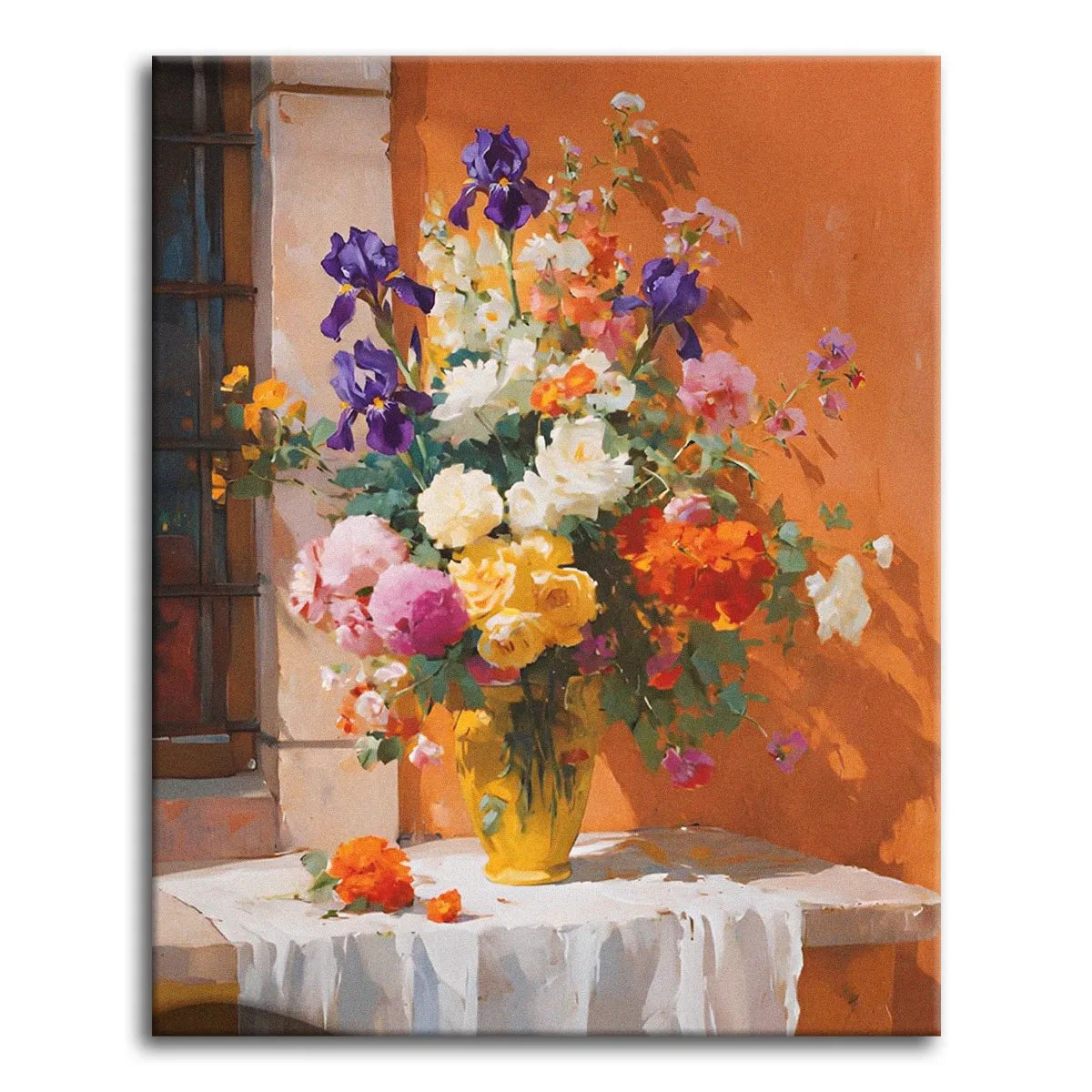 A warm vintage oil-style paint by numbers still life of a full bouquet of purple irises, white roses, and bright orange and pink blooms in a glowing yellow vase on a draped white table against a sunlit terracotta wall.