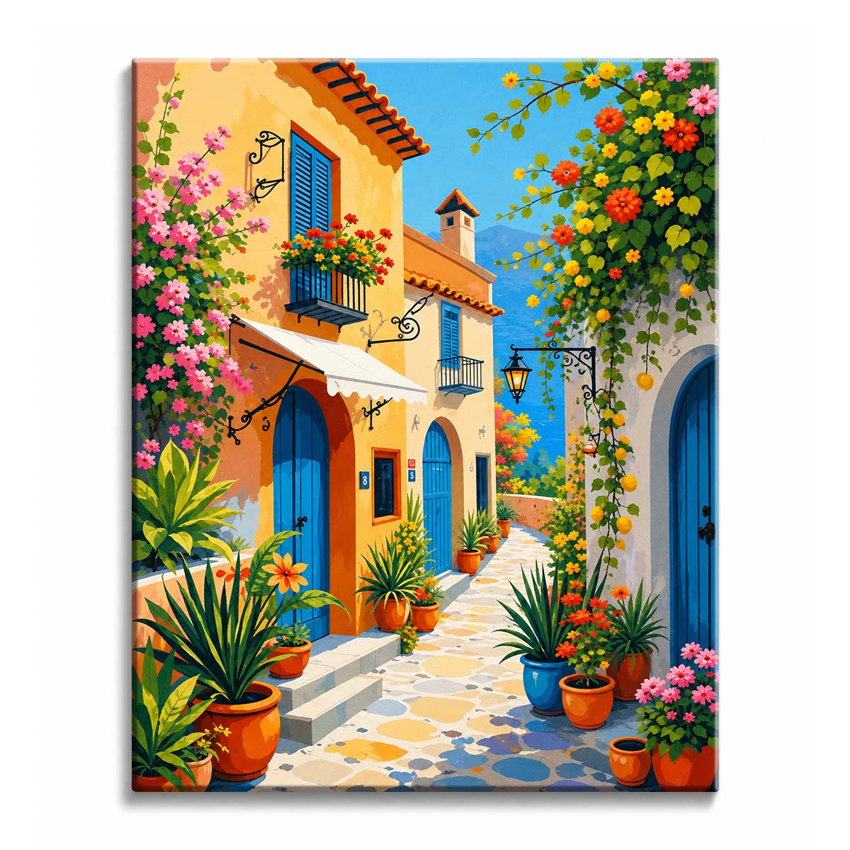 Sunlight falls on an ochre wall with blue doors and potted plants along a cobbled lane running toward the sea, in a paint by numbers design.
