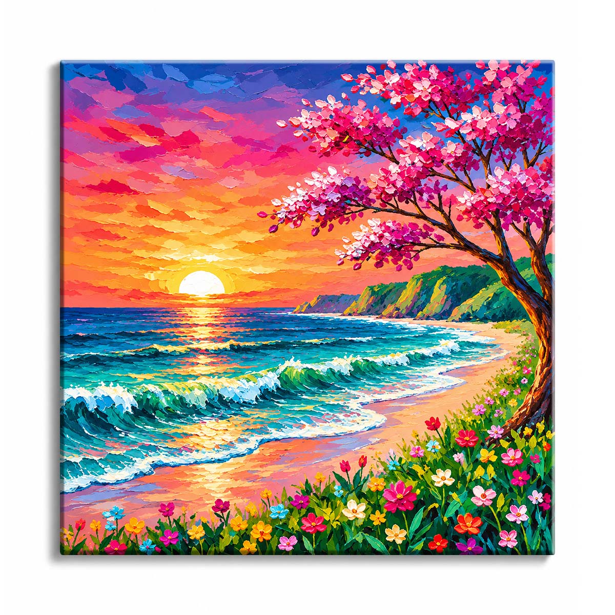 A blossoming tree and flower-lined beach beside rolling ocean waves under a glowing sunset sky in a mini paint by numbers design.