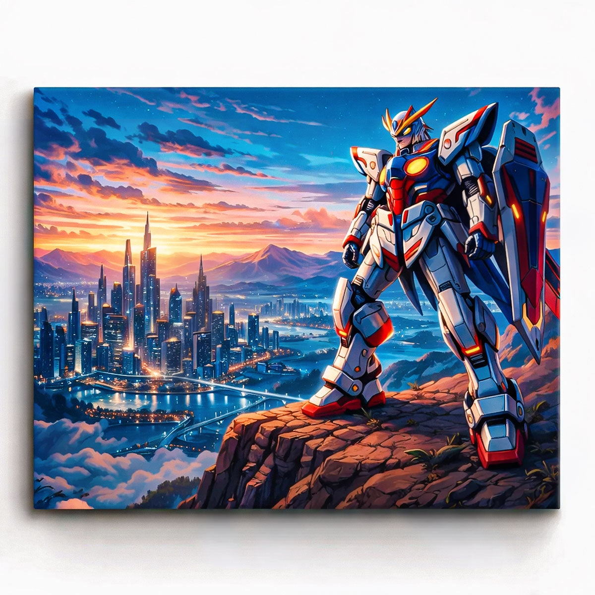 anime guardian mecha standing on cliff overlooking futuristic skyline at sunset paint by numbers design