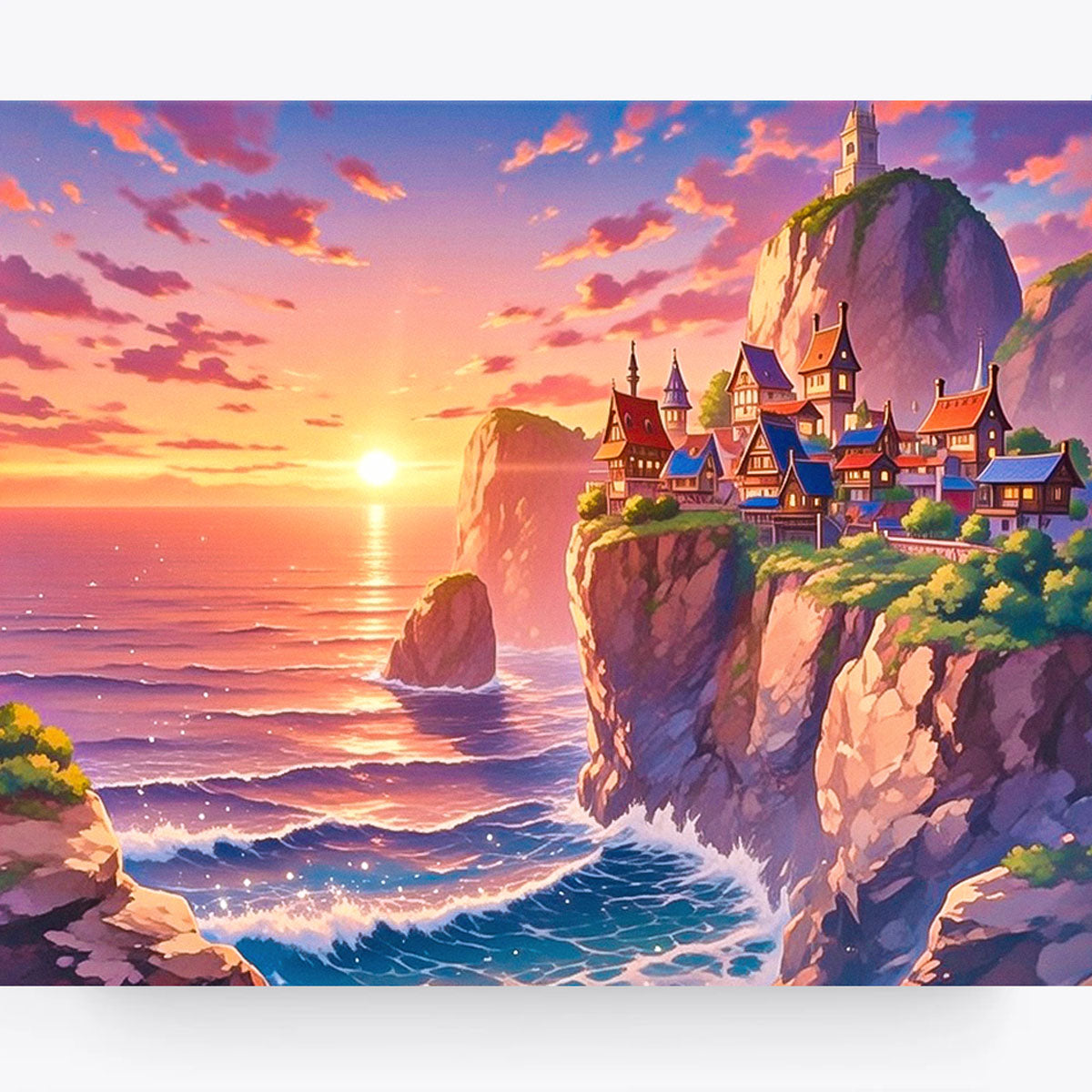 Sunset Cliffside Village Fantasy Paint by Numbers Kit-2