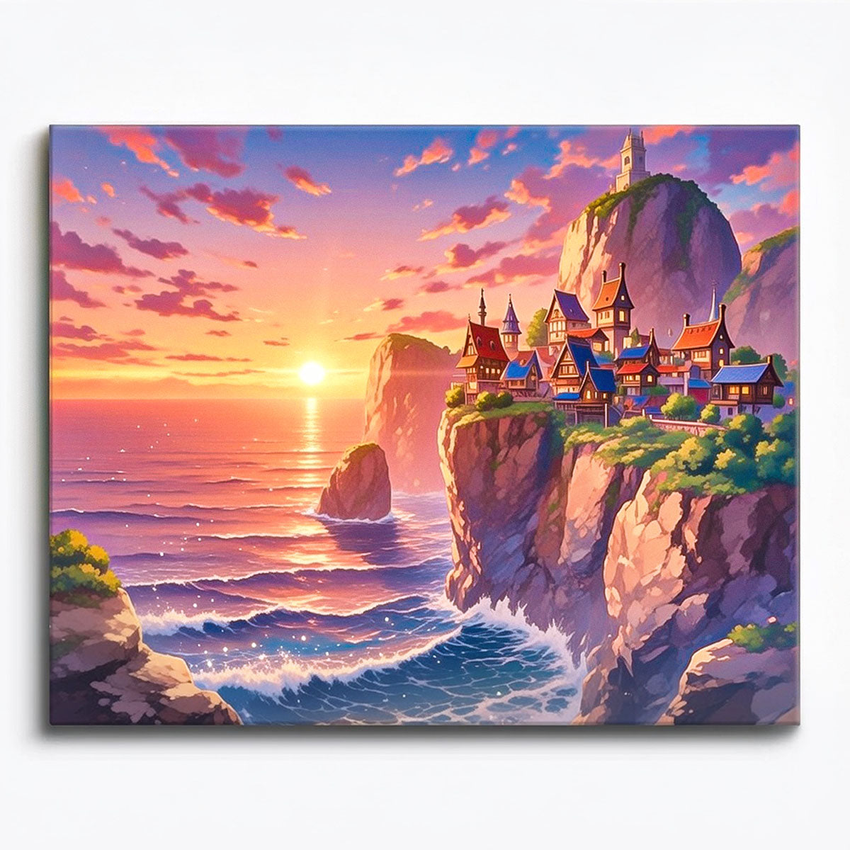 anime style cliffside village at sunset above ocean waves colorful rooftops fantasy coastal landscape paint by numbers design