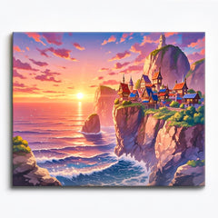 anime style cliffside village at sunset above ocean waves colorful rooftops fantasy coastal landscape paint by numbers design