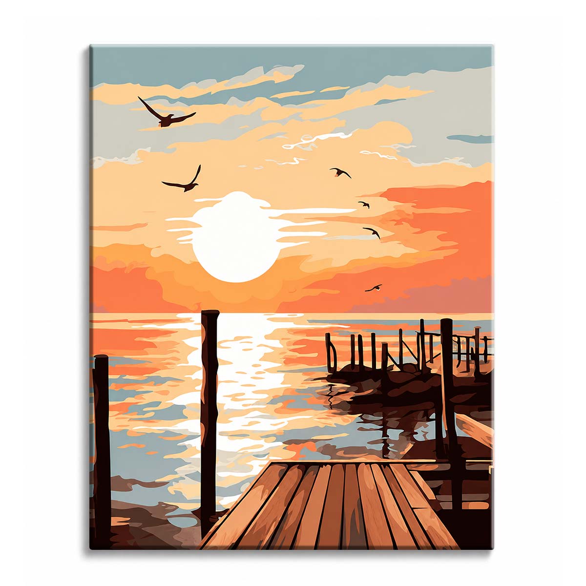 A wooden jetty leading out to calm water with the sun on the horizon and birds overhead, shown as a paint by numbers canvas.