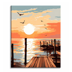 A wooden jetty leading out to calm water with the sun on the horizon and birds overhead, shown as a paint by numbers canvas.