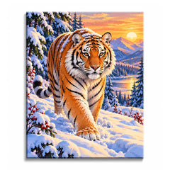 Golden sunset falls across a tiger walking through deep snow in a paint by numbers design, with red berries, fir trees, distant peaks, and a reflective mountain lake.