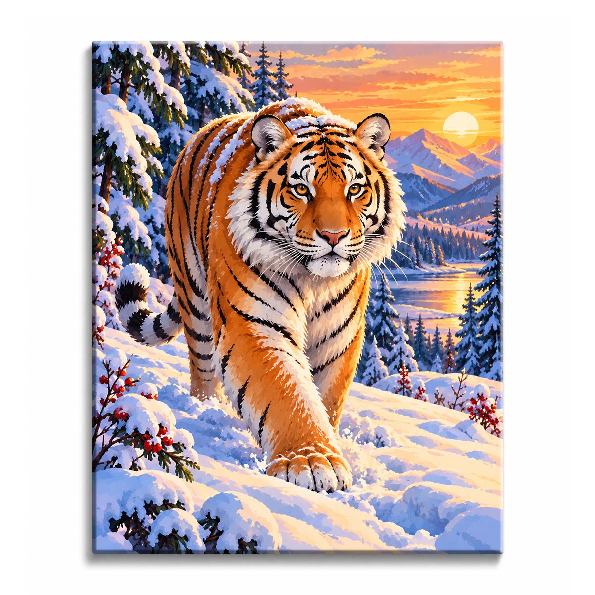 Golden sunset falls across a tiger walking through deep snow in a paint by numbers design, with red berries, fir trees, distant peaks, and a reflective mountain lake.