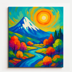 Colorful mountain and river landscape paint by numbers design with bright autumn trees