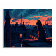 On a dark city rooftop, a cat sits against a coral sunset above glowing windows and distant chimneys in a numbered painting design.