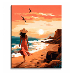 On a sunset beach, a woman in a flowing dress walks the surf line toward distant cliffs, in a paint by numbers design.