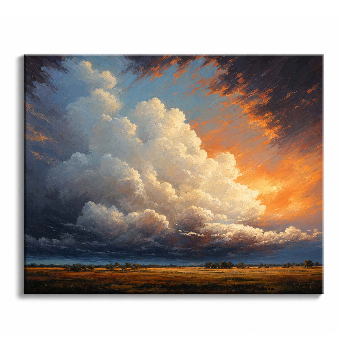 Towering storm clouds above a flat landscape at sunset, rendered as a dramatic oil-style paint by numbers design.