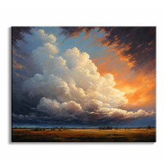 Towering storm clouds above a flat landscape at sunset, rendered as a dramatic oil-style paint by numbers design.