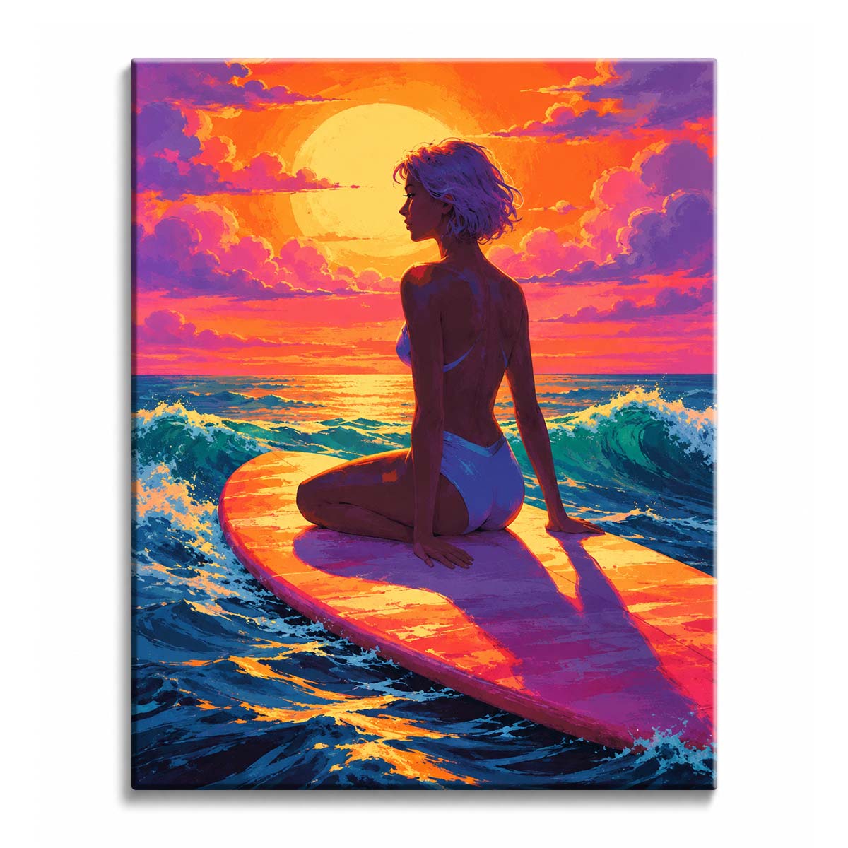 Orange sunset light spreads across turquoise waves behind a seated surfer on a board in this sunset surfer paint by numbers design with violet clouds.