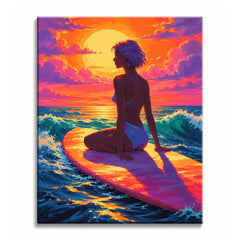 Orange sunset light spreads across turquoise waves behind a seated surfer on a board in this sunset surfer paint by numbers design with violet clouds.