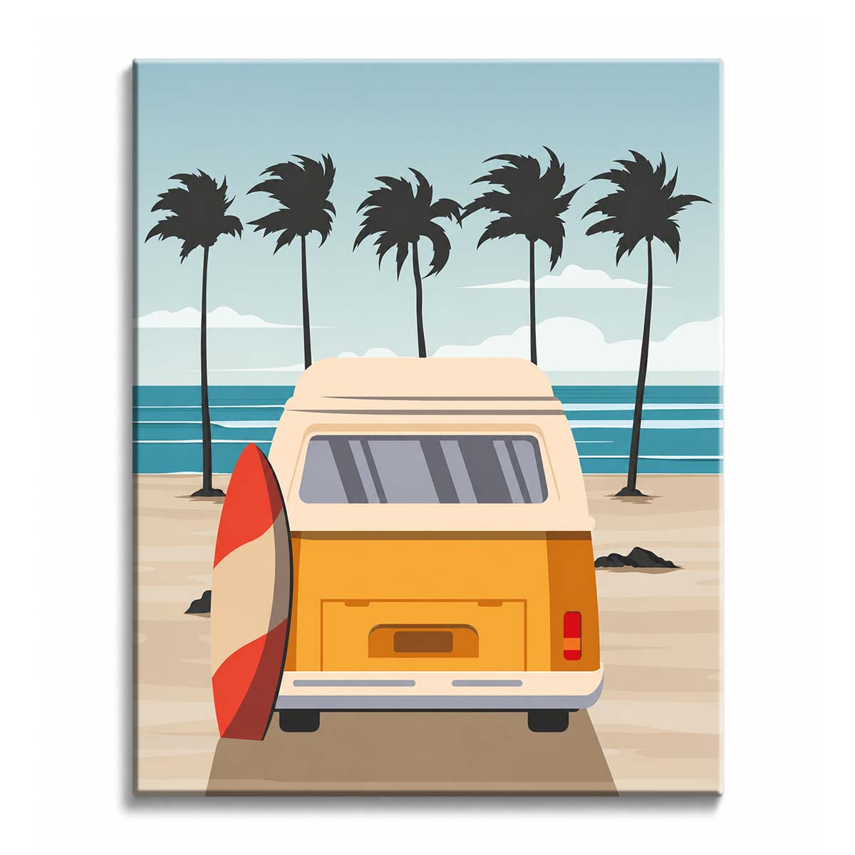 Palm silhouettes stand behind a yellow camper van and surfboard parked on the sand facing the sea, in a paint by numbers design.