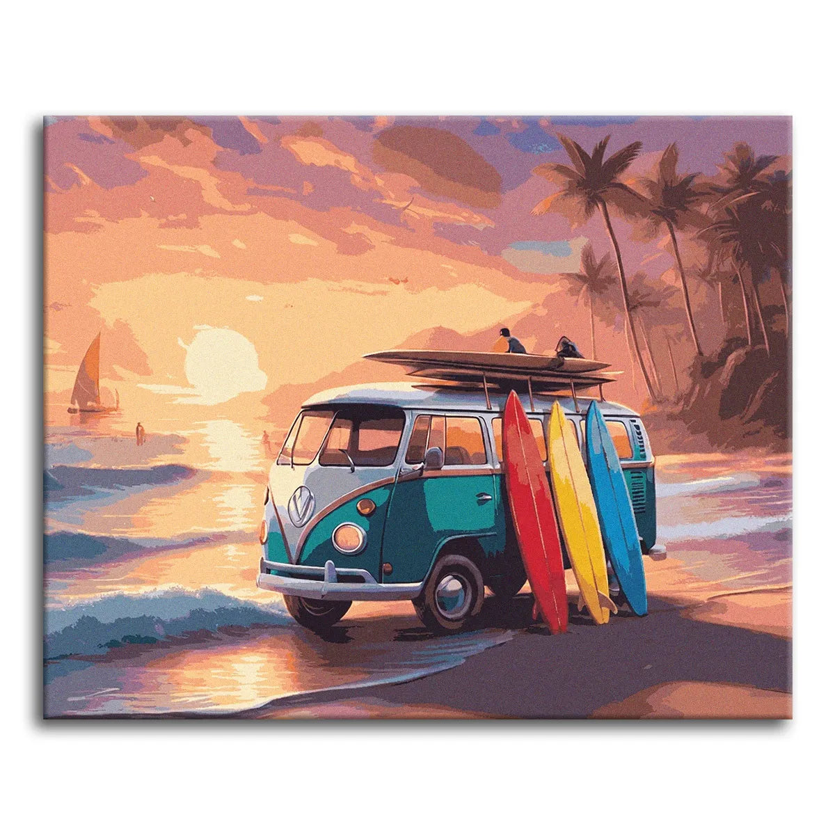 A warm paint by numbers beach scene of a retro teal camper van at sunset with red, yellow, and blue surfboards leaning against it, palm trees on the right, a sailboat offshore, and the sun reflecting across the waves.