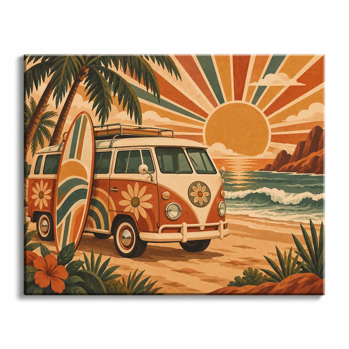 On a palm-lined beach, a surf van paint by numbers design features a flower-painted camper, striped surfboard, low sun, rocky coast, and ocean beside rolling waves.