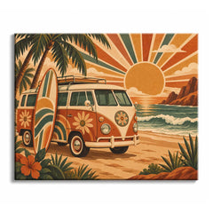 On a palm-lined beach, a surf van paint by numbers design features a flower-painted camper, striped surfboard, low sun, rocky coast, and ocean beside rolling waves.