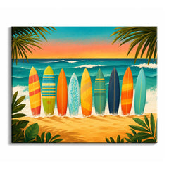 Surfboards stand in a row where the foam meets the sand under a sunset sky, in a paint by numbers design.