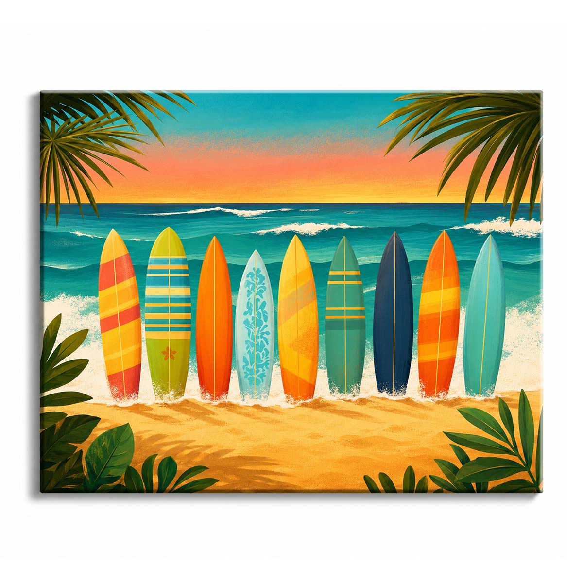 Surfboards stand in a row where the foam meets the sand under a sunset sky, in a paint by numbers design.