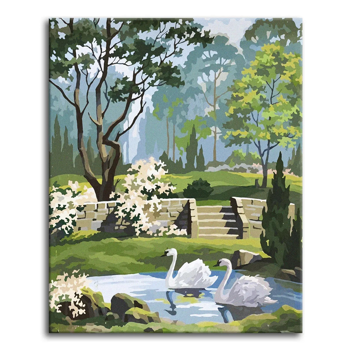 A serene vintage paint by numbers scene of two white swans gliding on a pond in a lush green garden, with old stone steps, tall trees, and flowering shrubs under a soft misty sky.