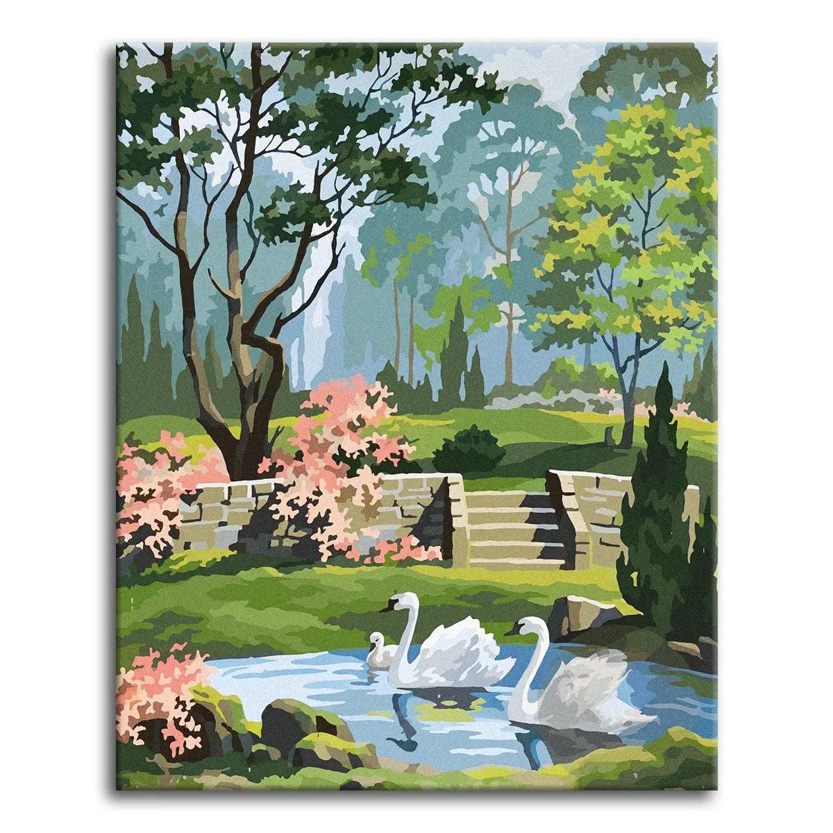 A paint by numbers spring garden with two white swans on a pond, pink blossoms, a stone stairway, and tall trees.
