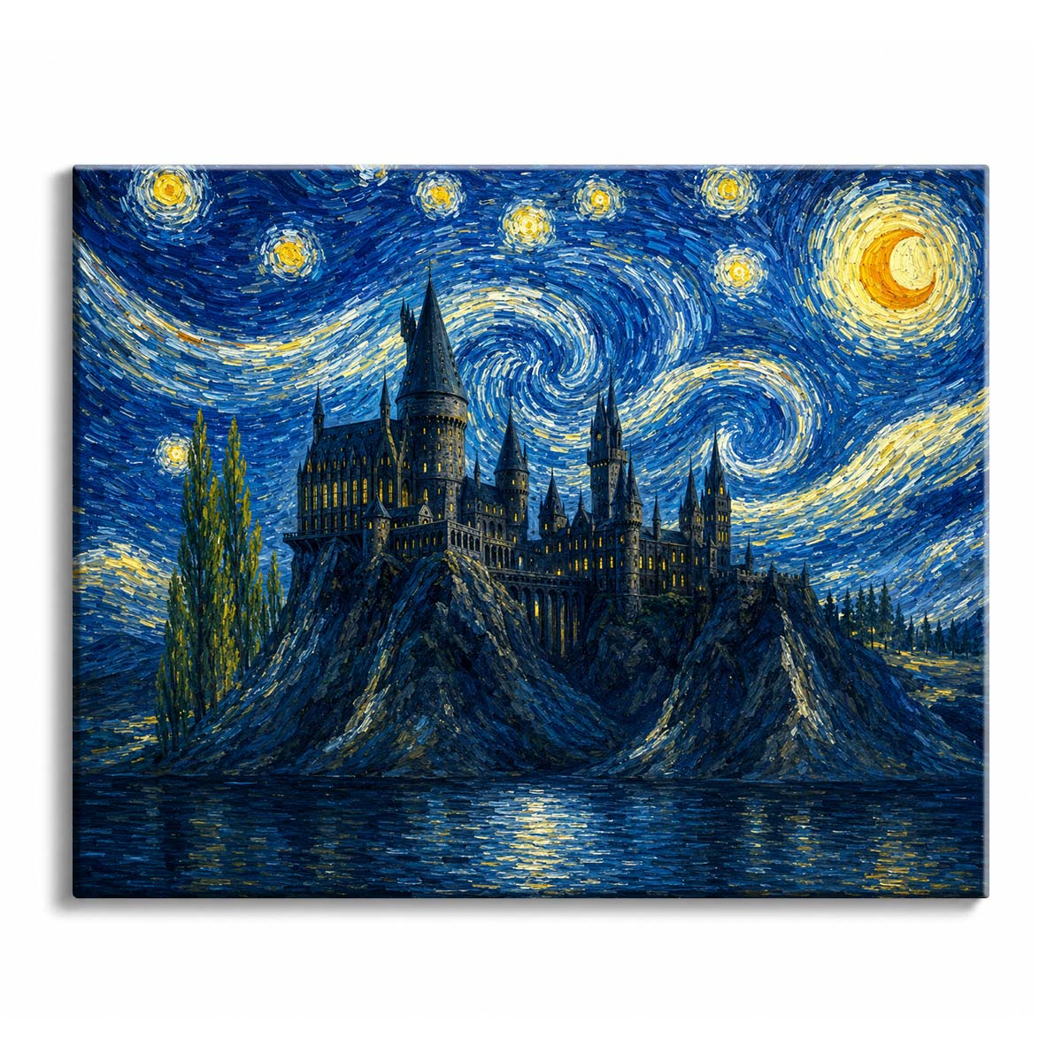 On a rock above a still lake, a spired castle stands under a night sky of blue and gold spirals, in a paint by numbers design.