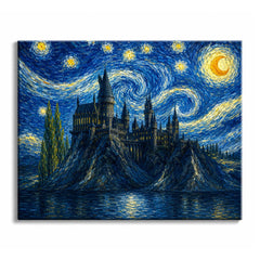 On a rock above a still lake, a spired castle stands under a night sky of blue and gold spirals, in a paint by numbers design.