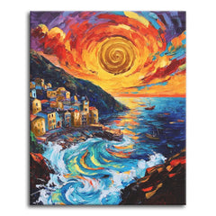 A paint by numbers canvas of a swirling sunset over a coastal village, with a spiral sun, fiery sky, and churning blue waves in thick expressive brushwork.