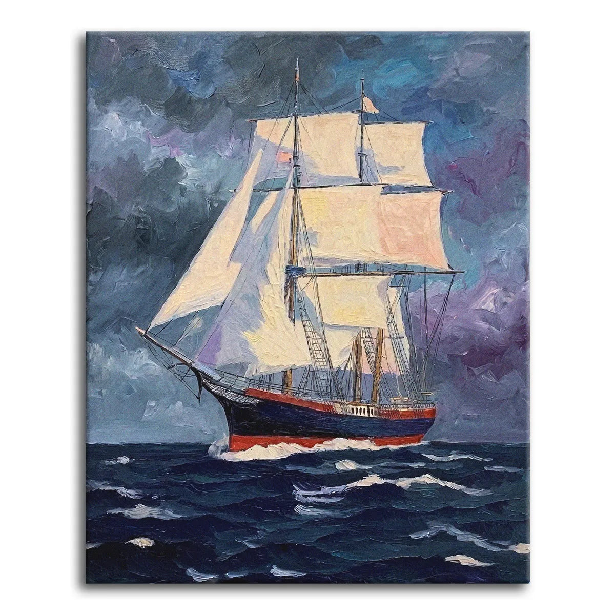 A dramatic vintage paint by numbers maritime scene of a tall sailing ship under full white sail on choppy dark seas, against a stormy sky of grey and purple.