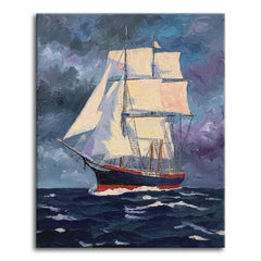 A dramatic vintage paint by numbers maritime scene of a tall sailing ship under full white sail on choppy dark seas, against a stormy sky of grey and purple.